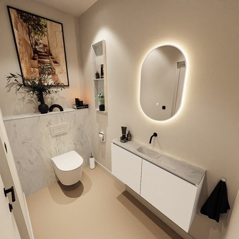 MONDIAZ HOPE Toiletplaat SET solid surface achterwand 100x125cm met Planchet 100x23cm in de kleur Opalo, niet voorgeboord.