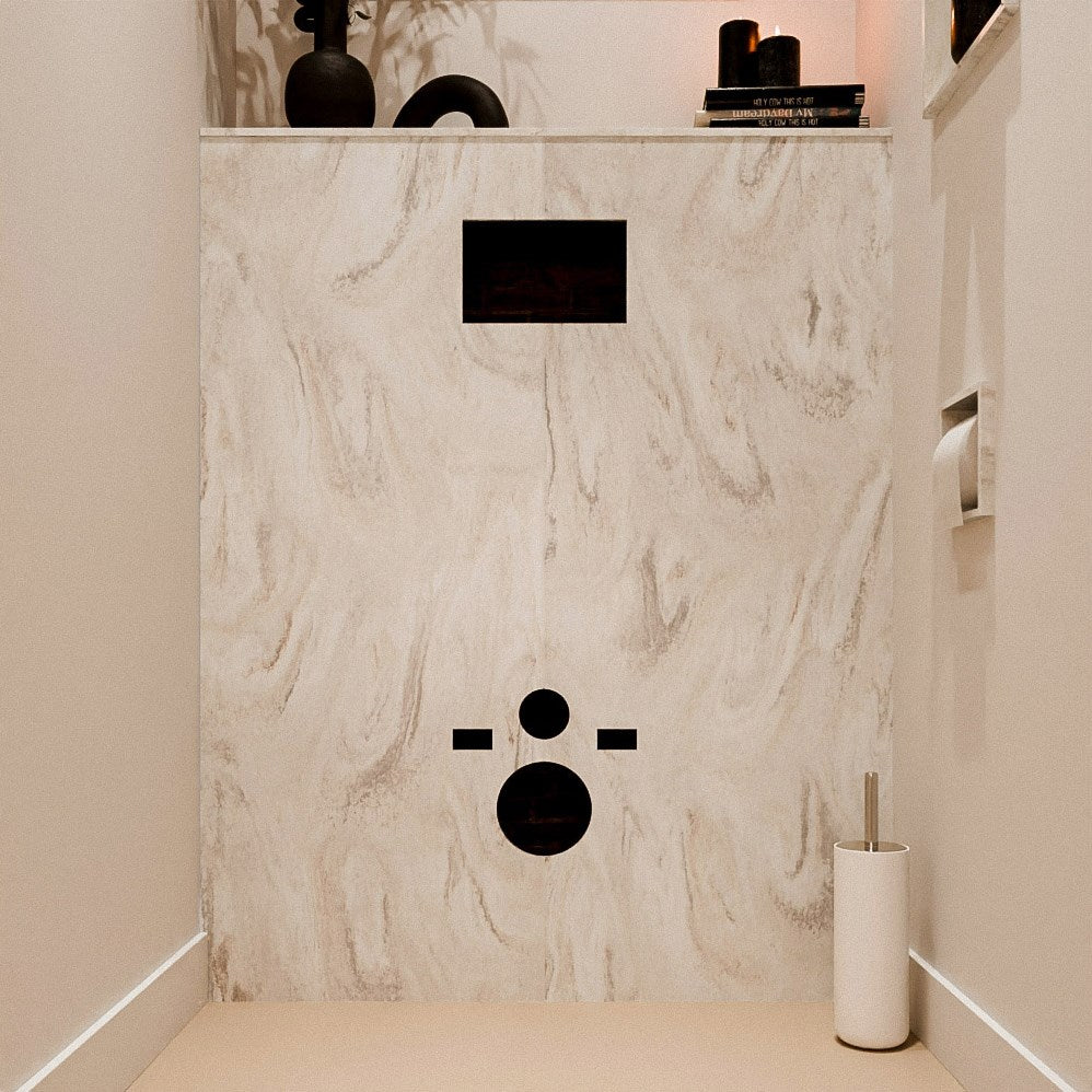 MONDIAZ HOPE Toiletplaat SET solid surface achterwand 100x125cm met Planchet 100x23cm in de kleur Ostra, voorgeboord.