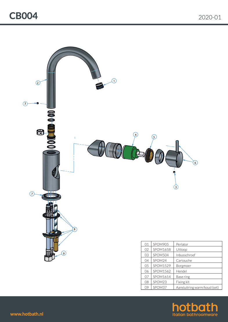 Hotbath Cobber CB004 wastafelmengkraan met draaibare uitloop zonder waste